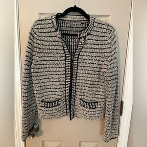 360 Sweater eyelash striped cardigan with oversized hook & eye closure. Size M.